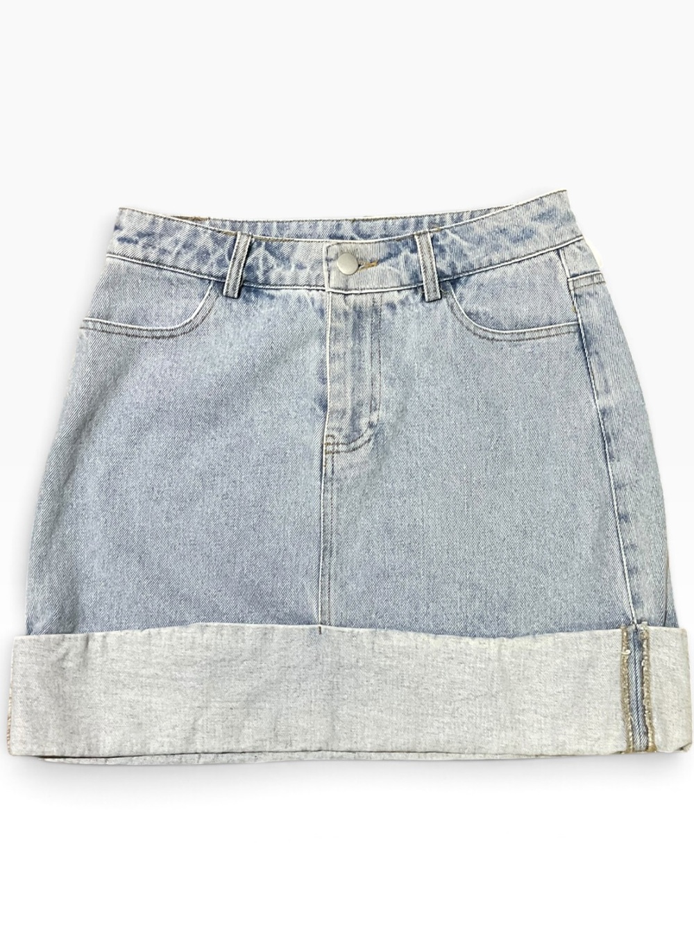 Le Lis Light Blue Washed Denim Mini Skirt with Rolled Up Hem - Small